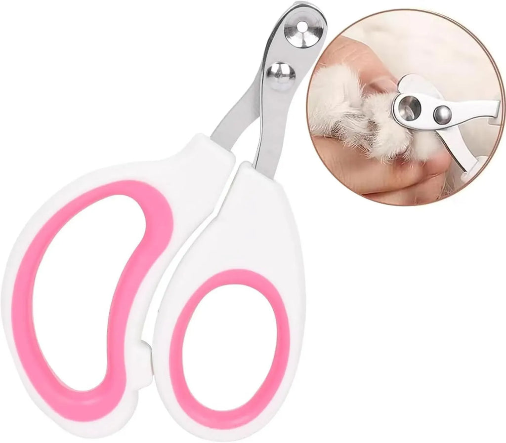 Blue cat nail clippers with circular hole and cushioned handles for trimming pet nails
