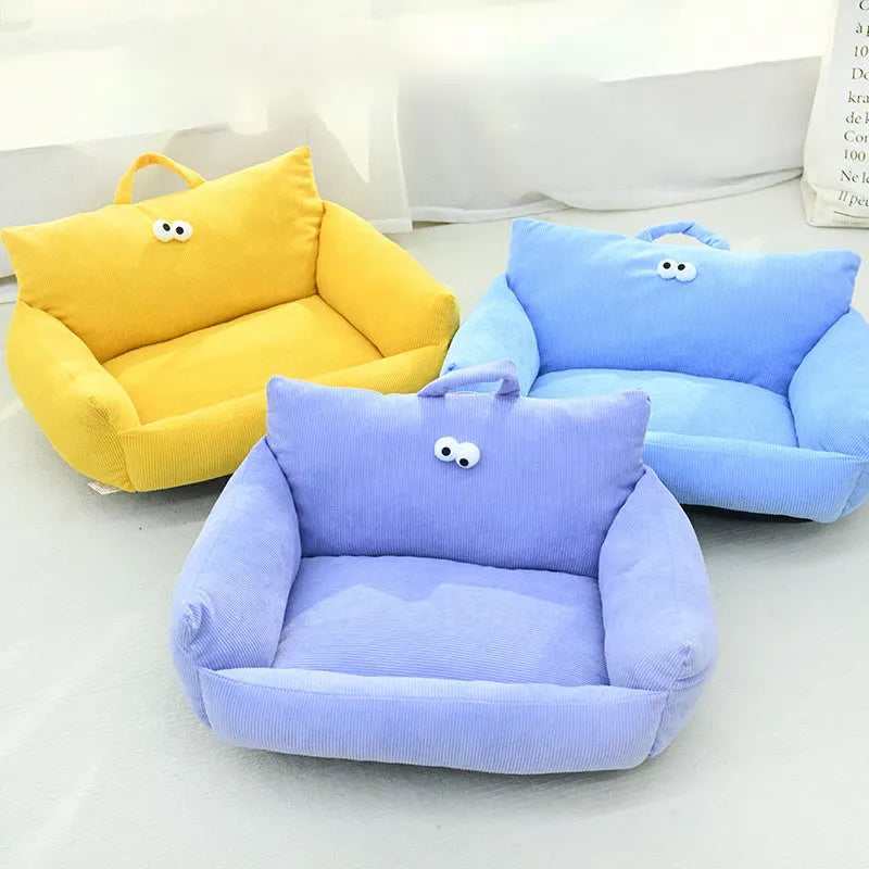 Cartoon big eye pet sofa kennel bed in moon velvet fabric with blue colour option