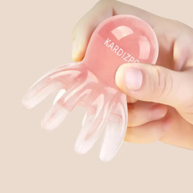 Pink natural resin octopus massage comb for facial tension relief with storage bag