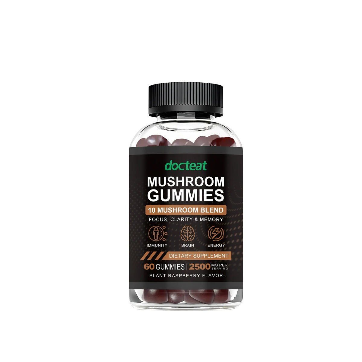 Container of 60 mushroom gummies with Cordyceps, Reishi, and Lion's Mane extracts