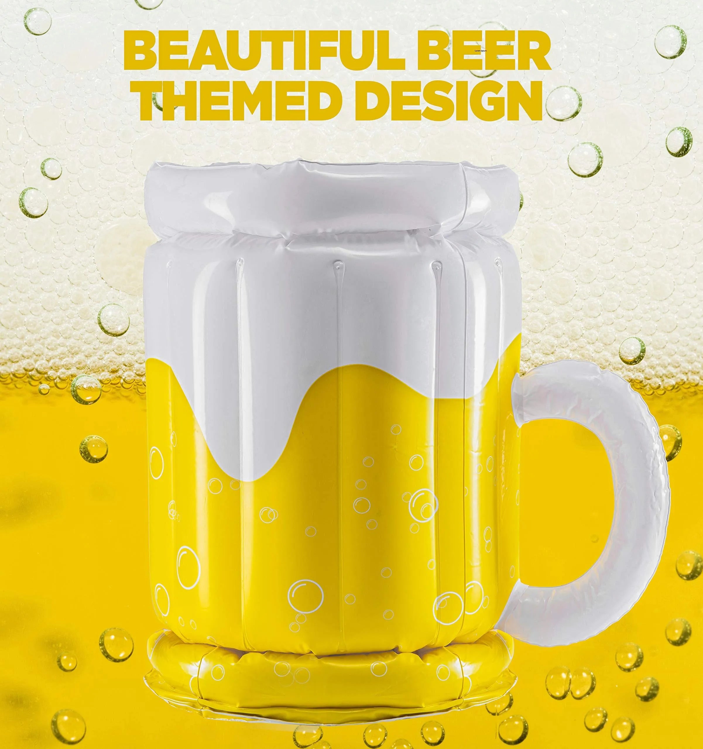 Yellow inflatable beer mug cooler pool float with drink-holding function