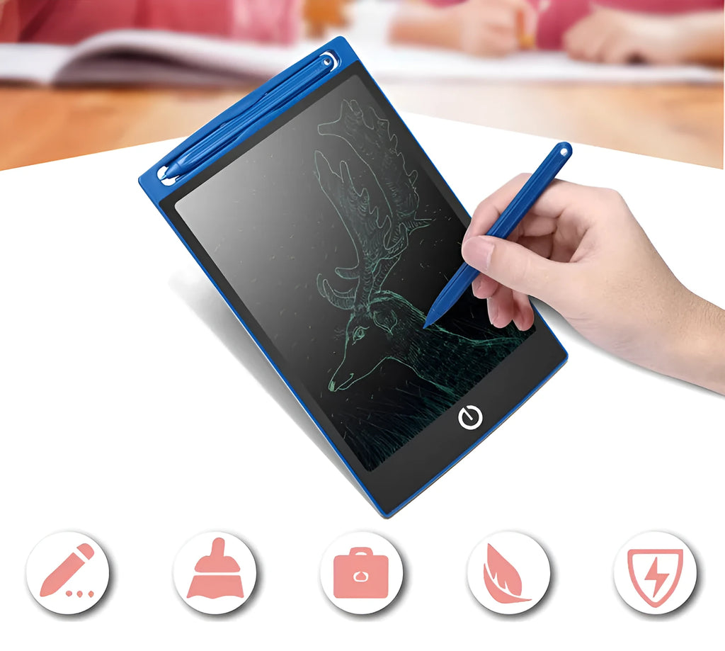 LCD writing tablet with ABS frame, erase button, 150 x 122 x 7mm size and black, white, blue, green or red body