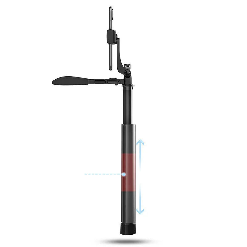 Black aluminium alloy Bluetooth selfie stick with remote control, shown extended with a mobile phone attached.