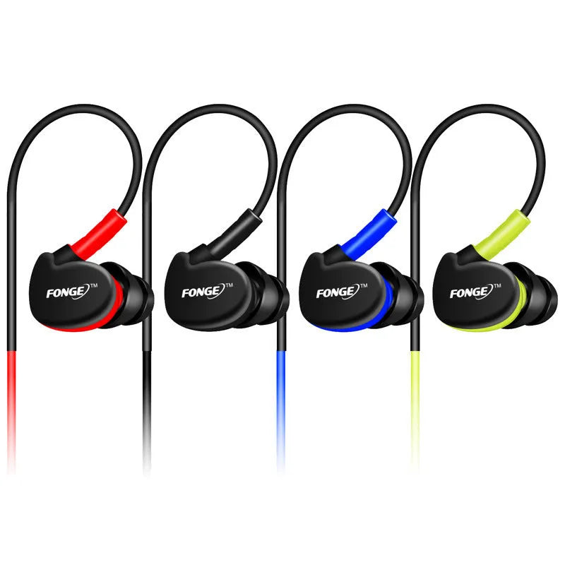 Wired ear-hook headphones with microphone in red, green, blue, and black colour options
