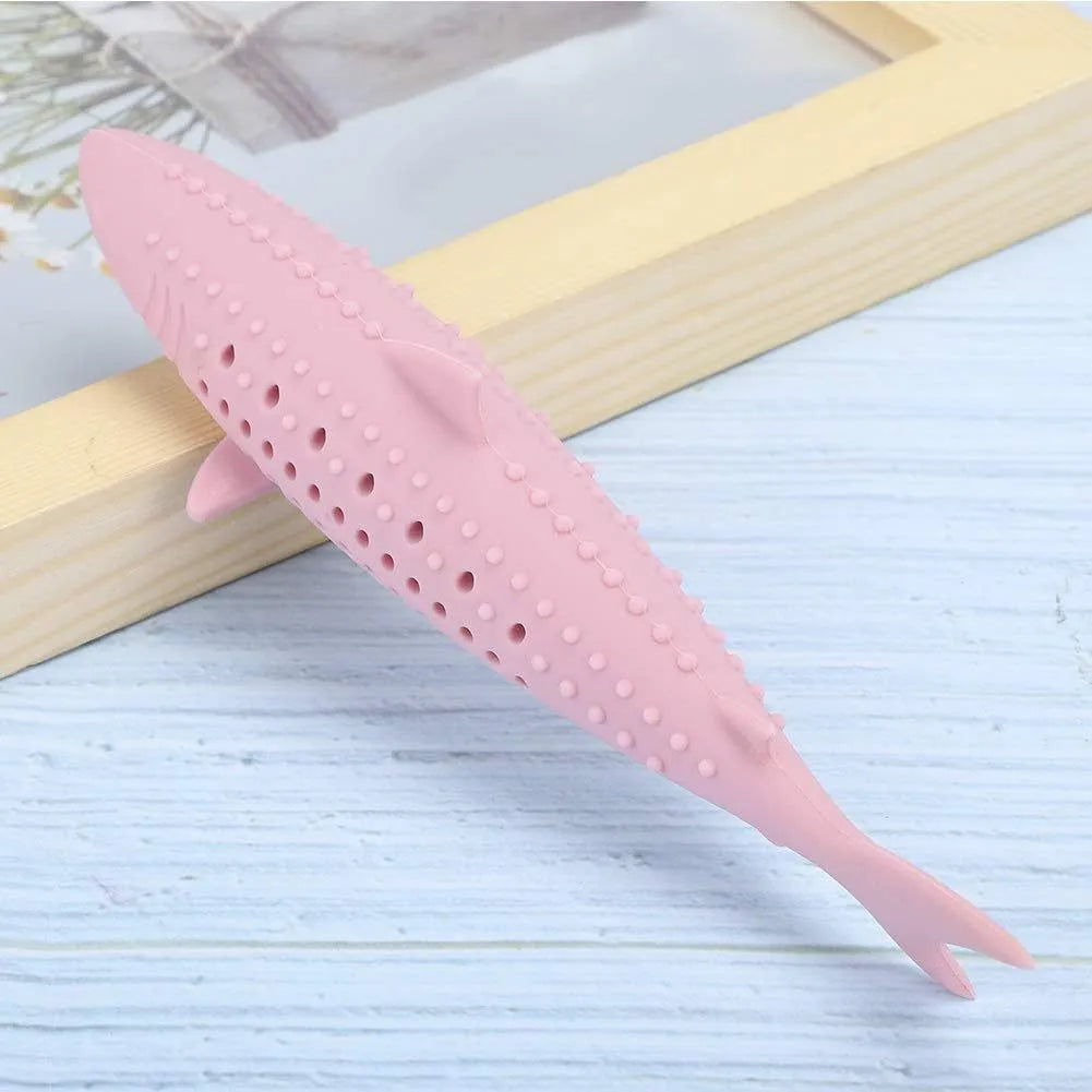 Green dolphin-shaped silicone cat chew toy with breathable side holes for catnip scent release