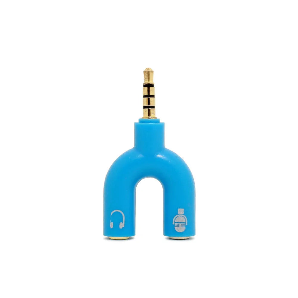 3.5mm audio splitter adapter in multiple colours showing gold-plated connections