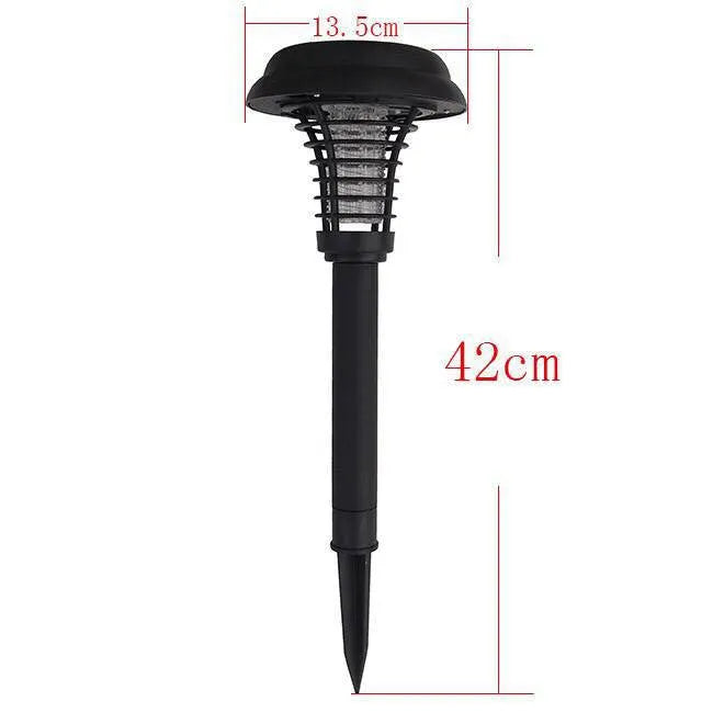 Black solar insect killing lamp with UV purple light and white LED, 42cm tall with 14cm diameter head