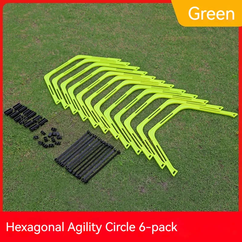 Set of six foldable yellow hexagon plastic agility training rings laid out on grass.