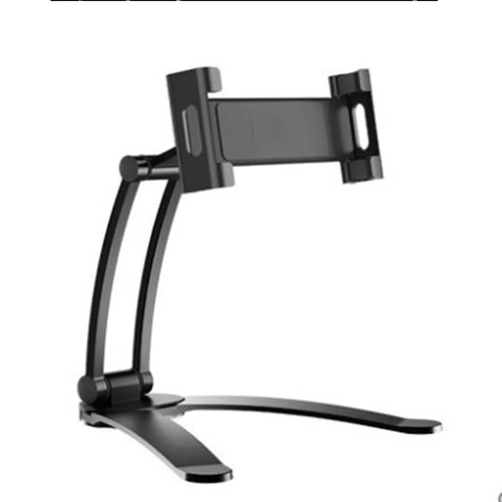 Aluminium alloy desktop tablet stand with adjustable clips and 360-degree rotation for tablets up to 10.5 inches