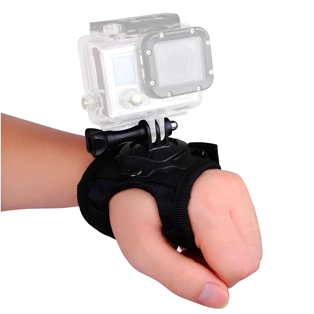 GoPro action camera mounted on a black adjustable wrist strap with 360-degree rotating connection.