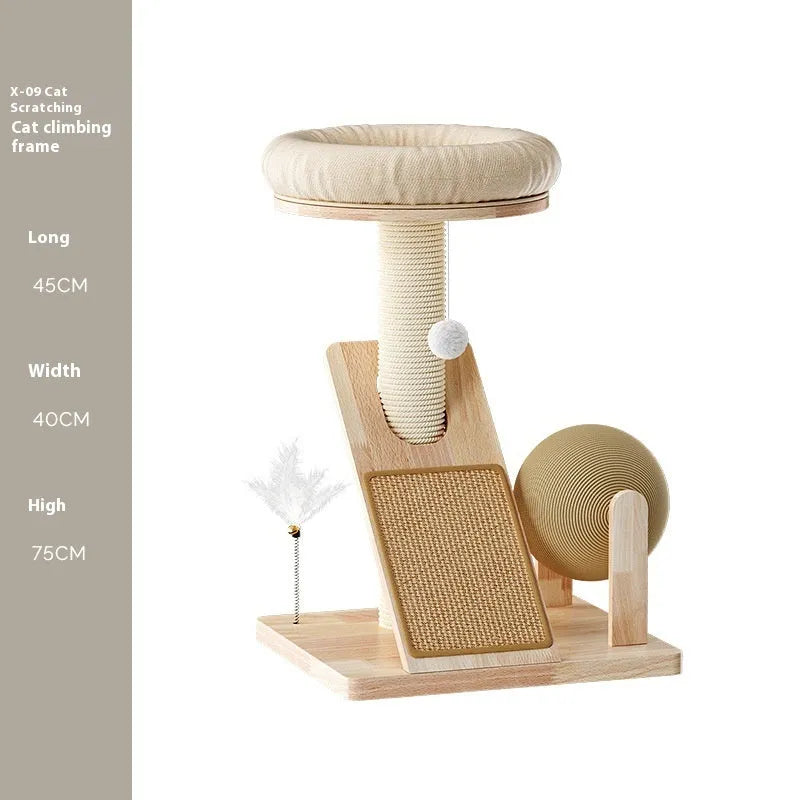 Small cat climbing frame with sisal scratching surfaces and jute fabric covering in natural colour