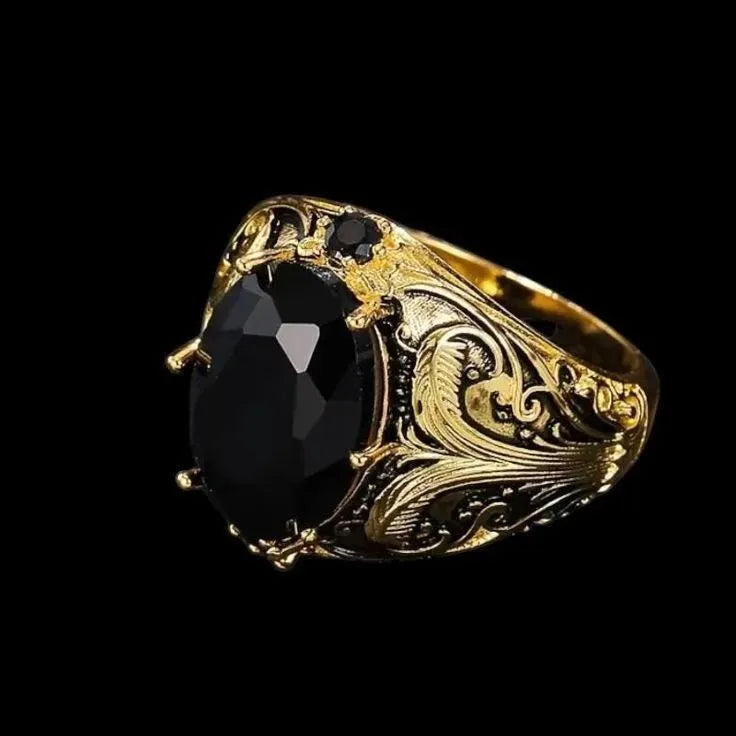 Men's silver geometric wide face ring with imitation ink colour gem ornament showing irregular moonstone-style detail