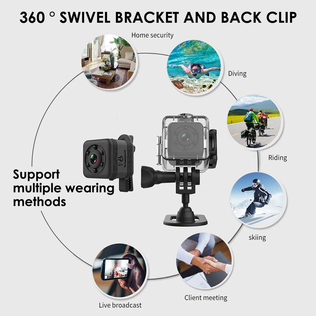 SQ29 waterproof sports camera in black with 240-minute battery and 32GB storage support
