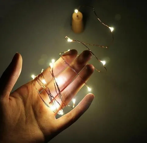 Bendable copper wire LED string lights wrapped around a wine bottle with 20 warm white LEDs glowing