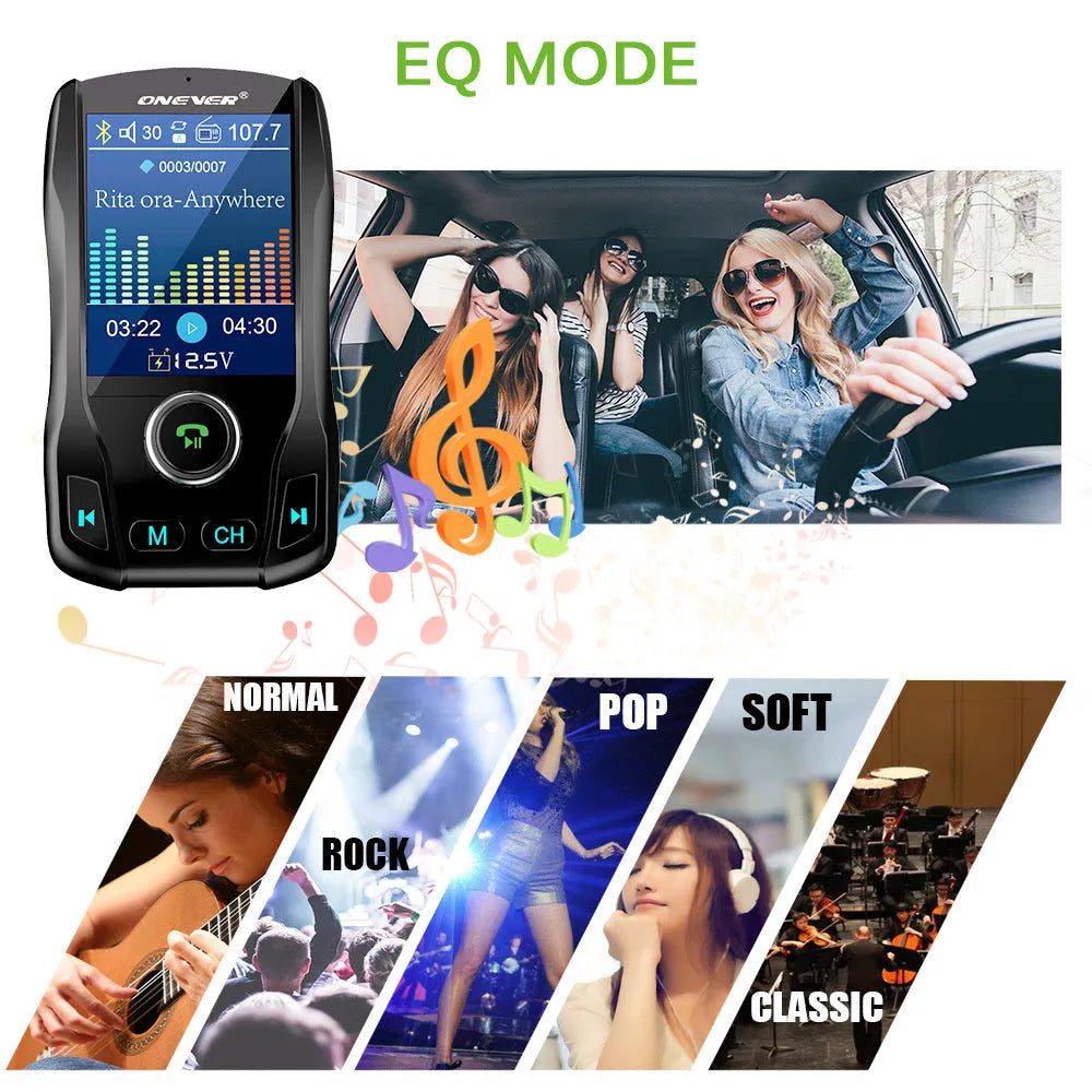 Car Bluetooth FM transmitter with colour screen plugged into car cigarette lighter