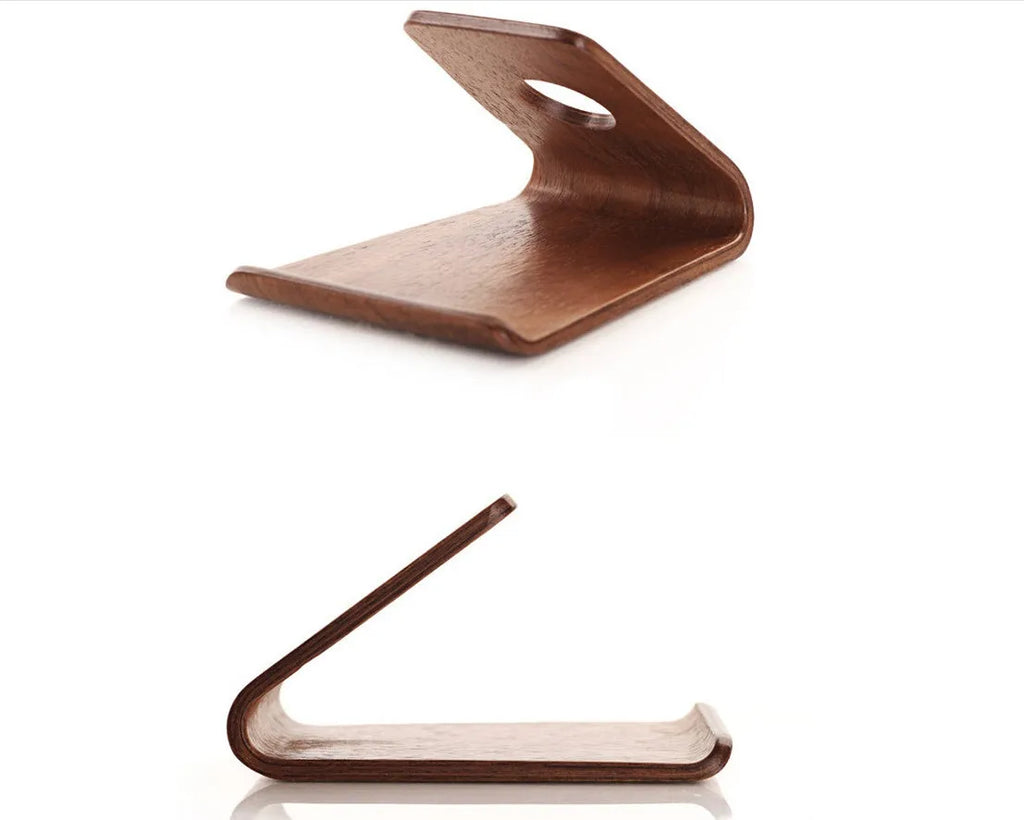 Walnut and white maple wooden stands holding iPhones at viewing angles