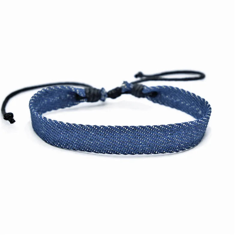 National style denim fabric bracelet wristband with mixed material construction for unisex travel wear