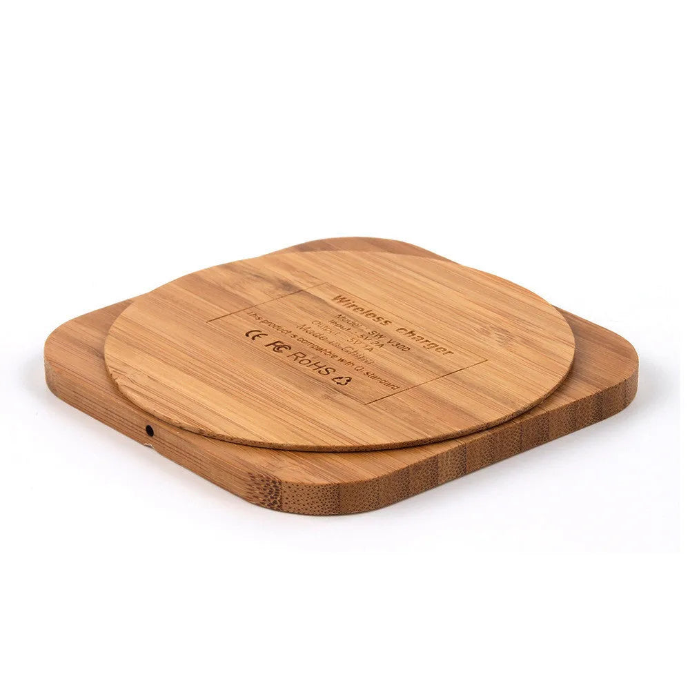 Square wooden bamboo wireless charger measuring 92mm by 92mm by 8mm with Qi certification