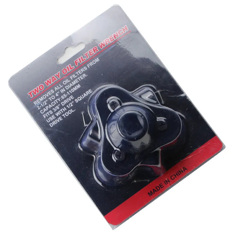 Flat three-jaw filter wrench with telescopic jaws 53mm to 108mm, matte finish, for 1/2DR or 13/16 knob