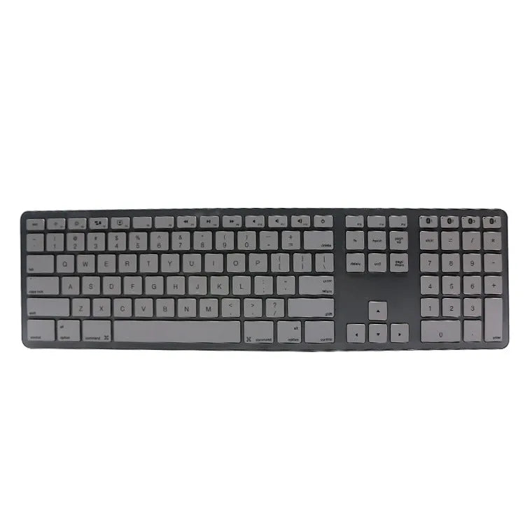 White Bluetooth wireless keyboard with 109 keys and a three-key zone on a desk.