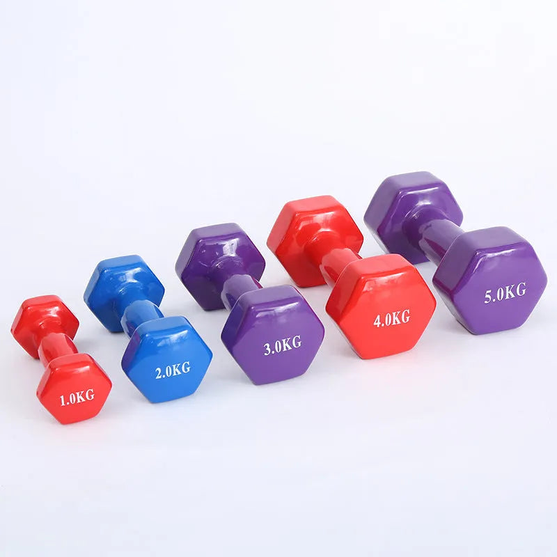 Bright colour plastic-coated fitness dumbbells with glossy surface for floor protection during home workouts