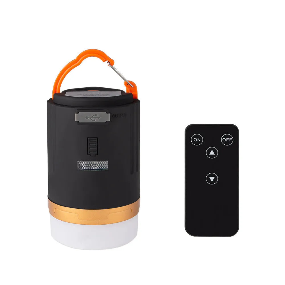 Black rechargeable LED camping light with remote control, 4800mAh battery, IPX6 waterproof, hanging hook and magnet