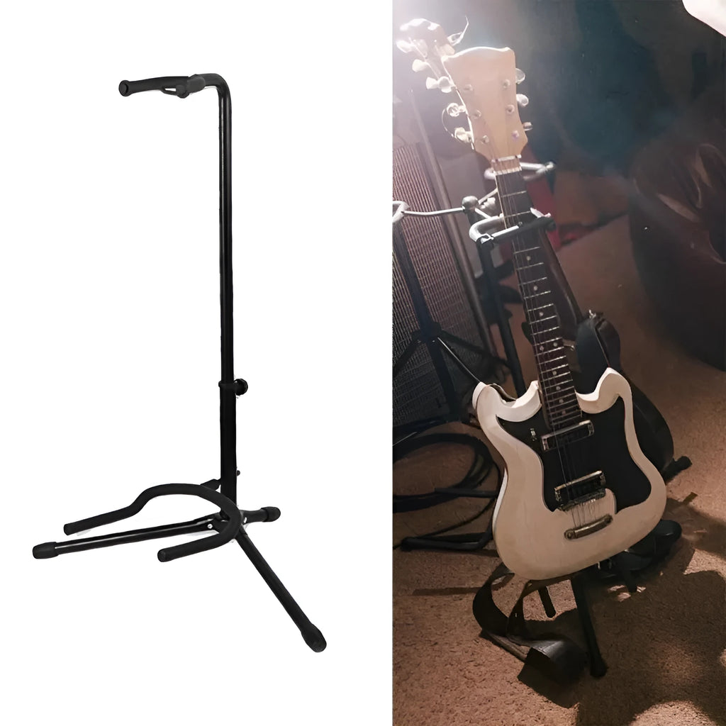 Black metal foldable guitar floor stand with soft rubber protectors for acoustic and electric guitars.