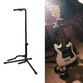 Black metal foldable guitar floor stand with soft rubber protectors for acoustic and electric guitars.