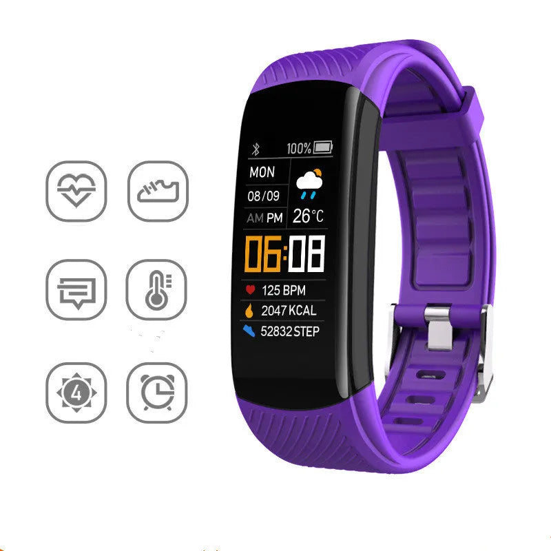 Black TPU pedometer bracelet with 0.96-inch touchscreen displaying step count on wrist