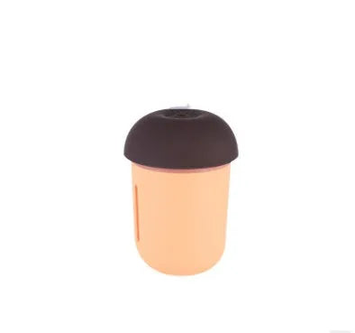 USB charging household air purifier with water replenishing fan, night light, and humidifier in mushroom design, shown in coffee, pink, black, and blue.
