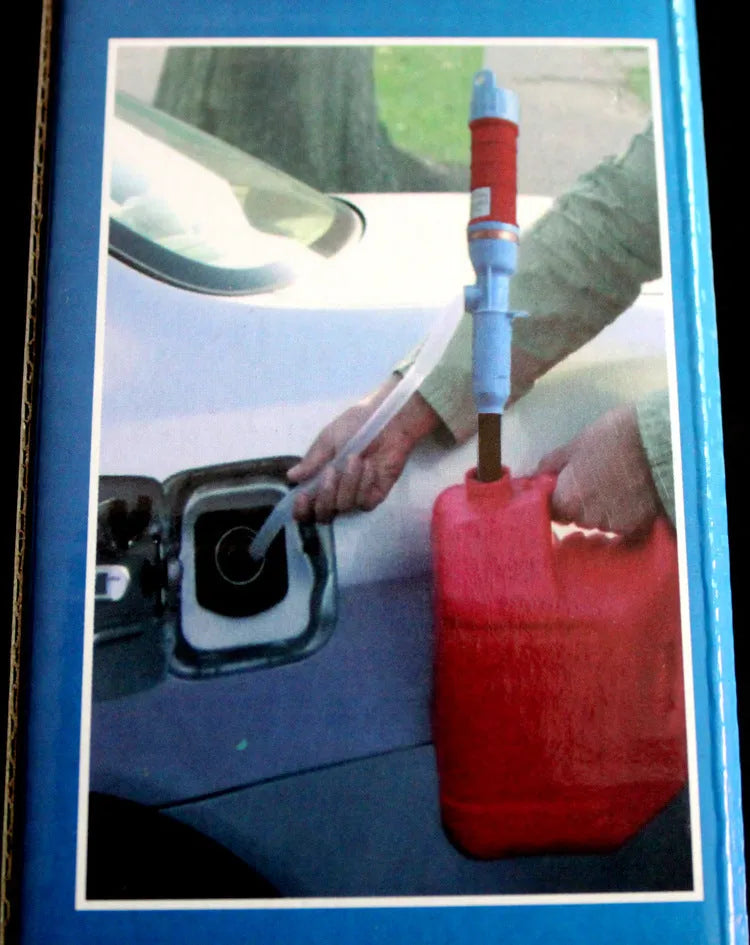 Blue or red manual siphon pump for transferring fuel, oil, and liquids, made from durable PP material
