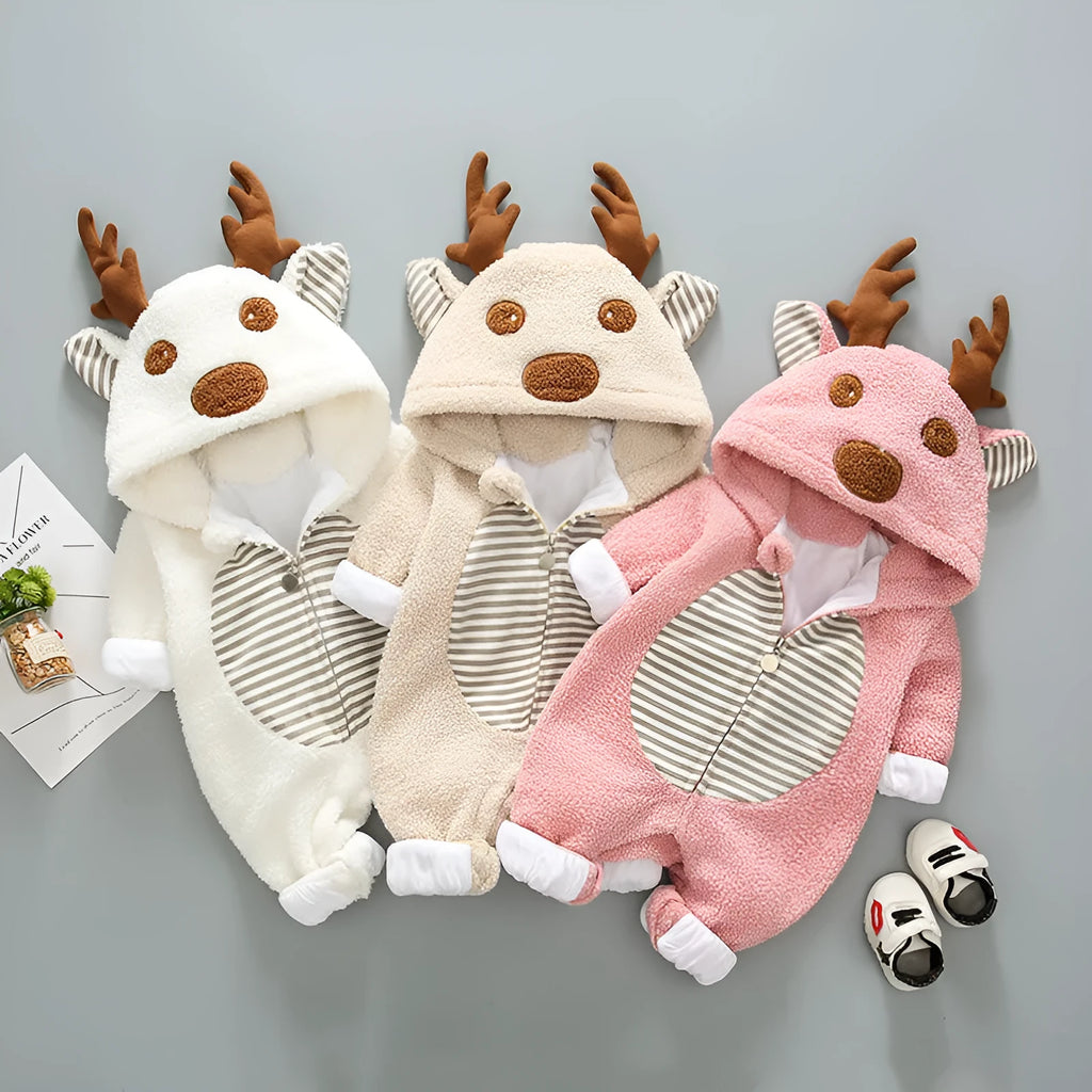 Baby wearing a long-sleeve cotton blend romper with a lace-up strap closure