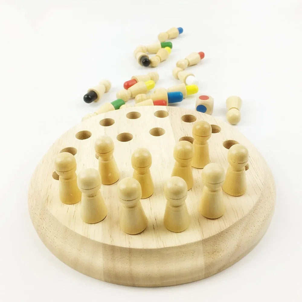 Montessori baby wooden memory match stick chess toy with green varnish board and coloured sticks.