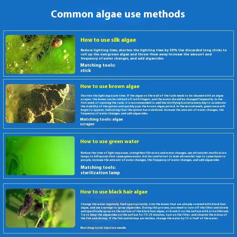 Ecological algae removal agent bottle for freshwater aquariums and fish ponds in three size options