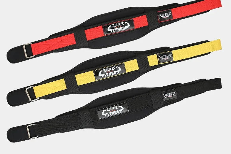 Fitness weightlifting waistband in black, red, or yellow colour, adjustable nylon construction for adult weightlifters