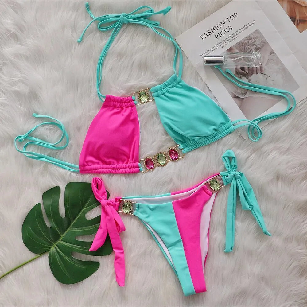 Women's crystal diamond bikini with patchwork bandage split design in nylon fabric