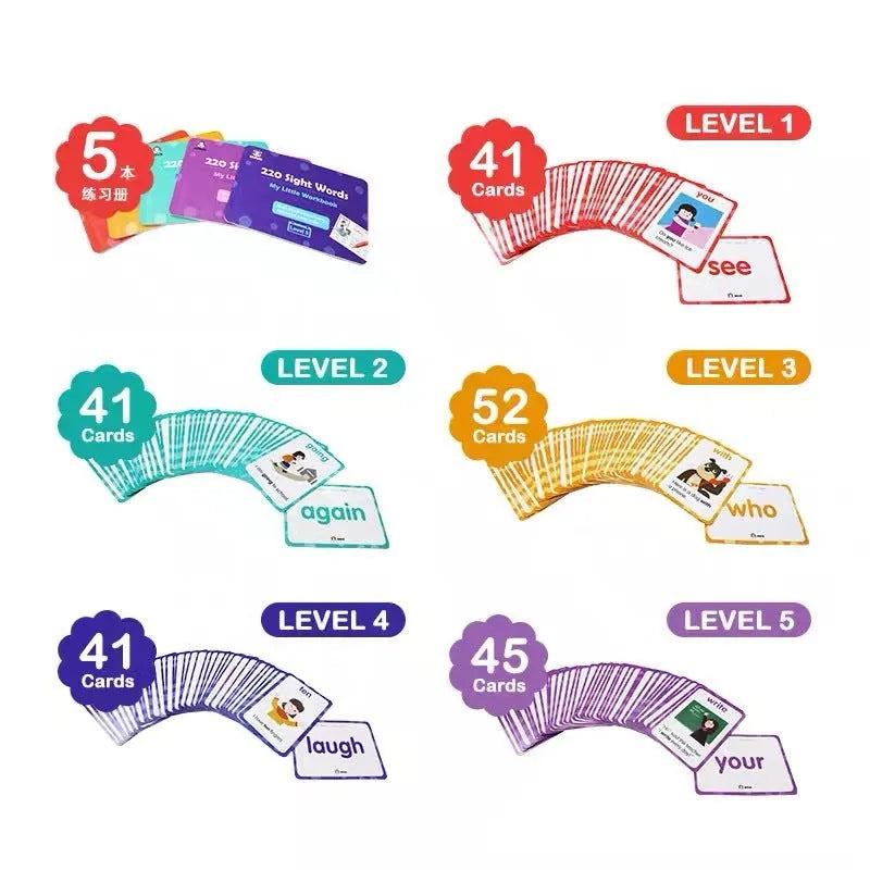 Box set of 220 high-frequency word flash cards and five phonics workbooks for early learning.