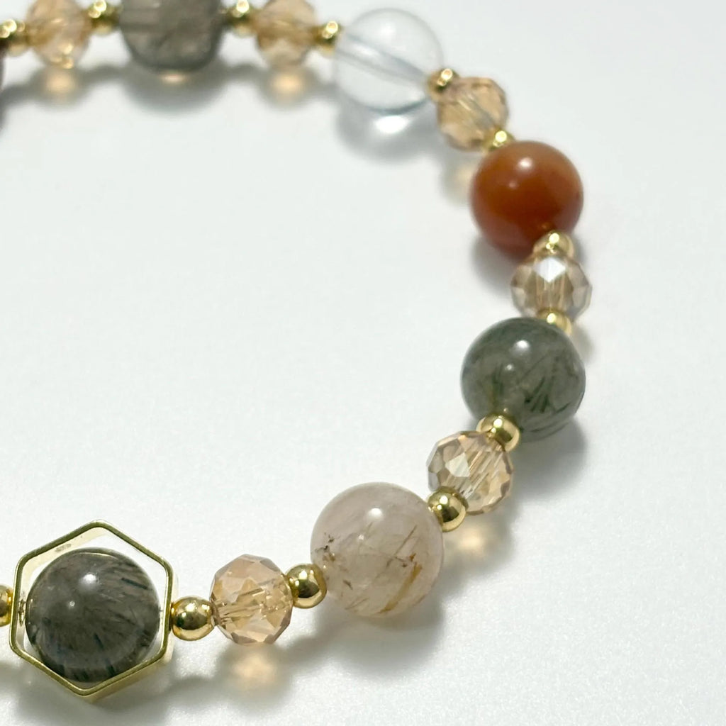 Gold luxury citrine bracelet with 8mm crystal beads and Chinese auspicious symbols including Fu character