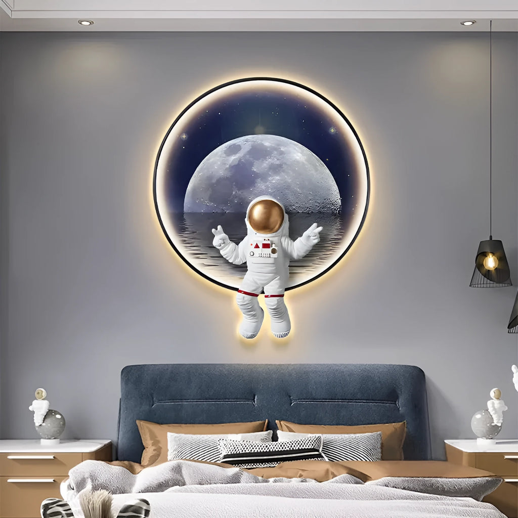Spaceman-themed canvas wall painting for children's rooms, available with optional integrated USB LED bedside lighting.