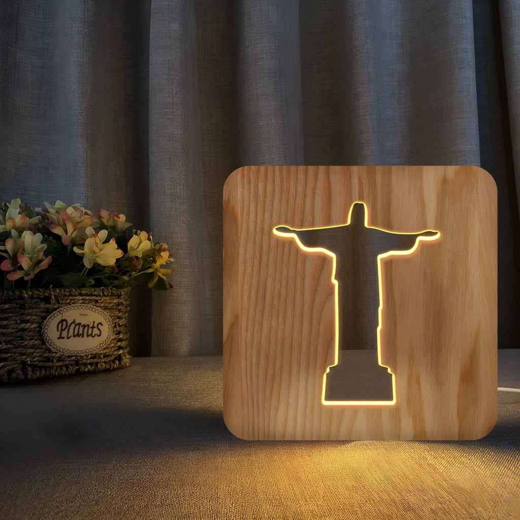 Solid wood hollow LED night lamp with warm white light, showing wooden lampshade and compact 190x190x30mm dimensions.