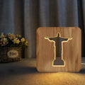 Solid wood hollow LED night lamp with warm white light, showing wooden lampshade and compact 190x190x30mm dimensions.