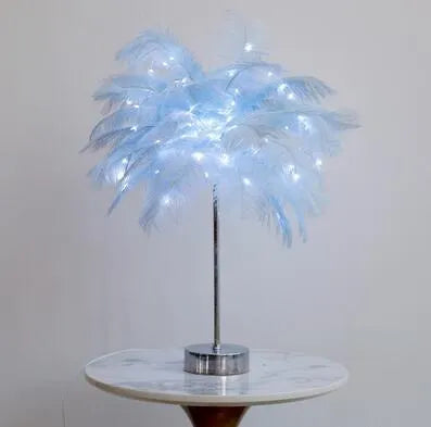 Feather table lamp with remote control, USB or battery power, 50 feathers, soft light for bedside or desk