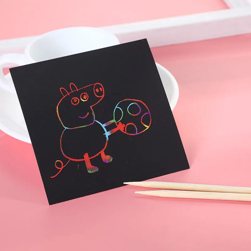 Colourful trumpet scratch painting set with 100 sheets in 8.8cm square box