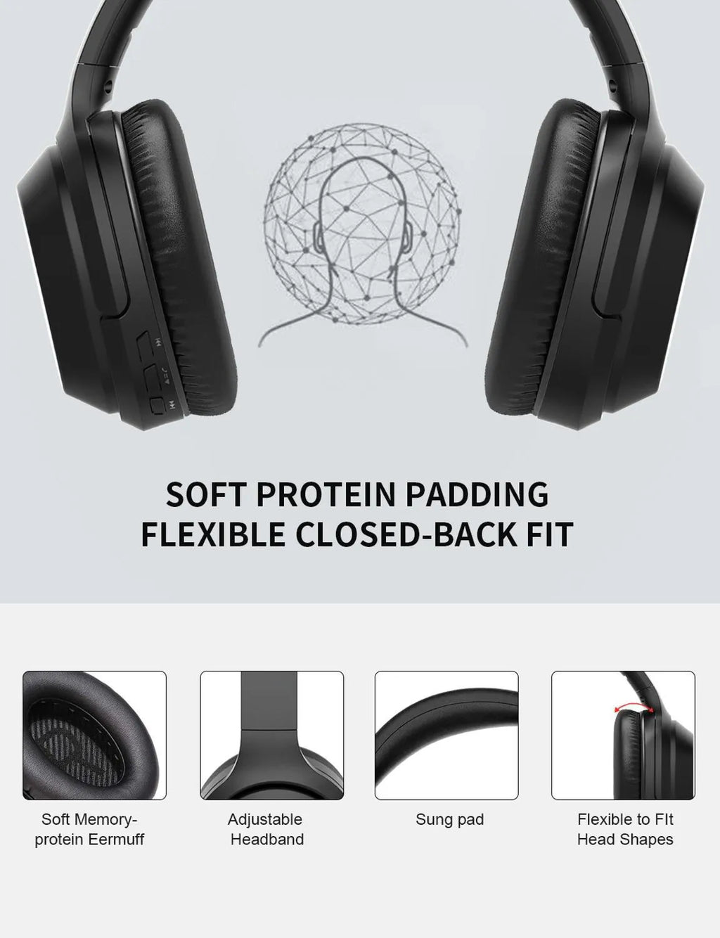 Black Gorsun E98 over-ear wireless Bluetooth headset with memory-protein ear cushions and stainless steel slider.