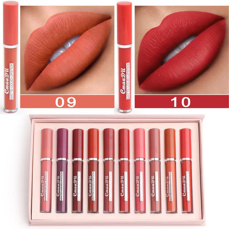 Ten matte lipsticks in packaging with waterproof non-transfer formula