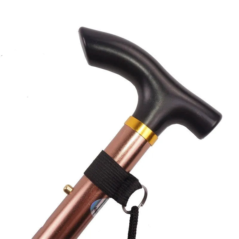 Aluminium alloy folding cane extended to 95cm with non-slip rubber tip, showing adjustable sections and folding mechanism