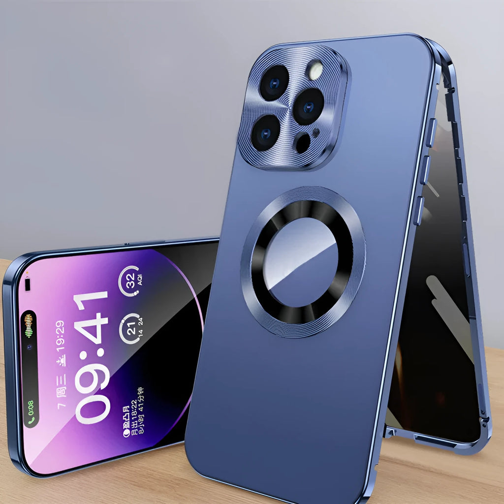 Magnetic anti-peep iPhone case in multiple colours, showing metal clip and compatible with iPhone 12 to 15 models.