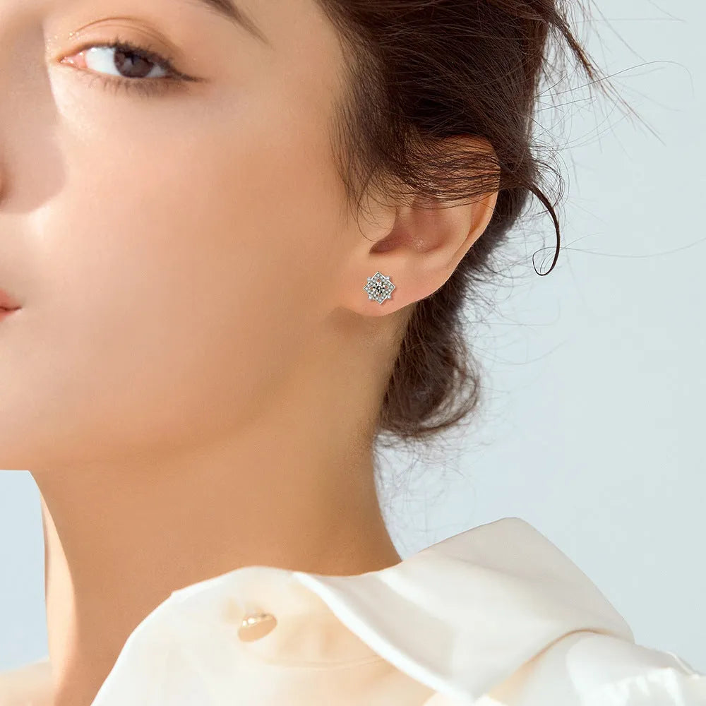S925 sterling silver flower and star stud earrings with inlaid zircon and 4x4mm main stones in white gold colour