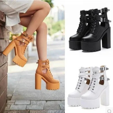 Women's chunky heel short boots with back zipper and lace-up detail, faux leather, white or black