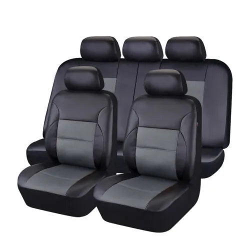 9-piece artificial leather car seat cover set showing 135cm backrest and 118cm front seat covers with installation hooks
